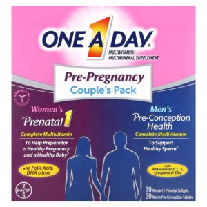 One-A-Day Embalagem Pré-natal para Casais Pré-natal para Mulheres e Saúde para Homens 30 Cápsulas Softgel para Mulheres 30 Comprimidos para Homens.