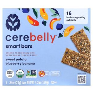 Cerebelly Barras Inteligentes Barras Orgânicas para Crianças Batata-Doce Mirtilo e Banana 5 Barras 24 g (084 oz) Cada