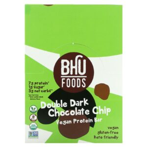 BHU Foods Barra de Proteína Vegana Lascas de Chocolate Amargo Duplo 12 Barras 45 g (16 oz) Cada