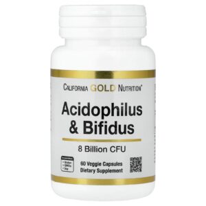 California Gold Nutrition Acidophilus e Bifidus Mistura Probiótica com Lactobacillus acidophilus Bifidobacterium lactis e Bifidobacterium longum 60 Cápsulas Vegetais