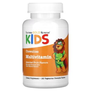 California Gold Nutrition Multivitamínico Mastigável com Vitaminas A C e E e Maçã em Pó para Crianças Frutas Sortidas 180 Comprimidos Vegetarianos
