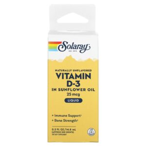 Solaray Vitamina D-3 em Óleo de Girassol Naturalmente Sem Sabor 25 mcg 148 ml (05 fl oz)