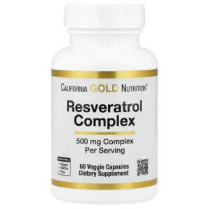 California Gold Nutrition Complexo de Resveratrol com Extrato da Semente de Uva Extrato de Vinho Tinto e trans-Resveratrol 60 Cápsulas Vegetais