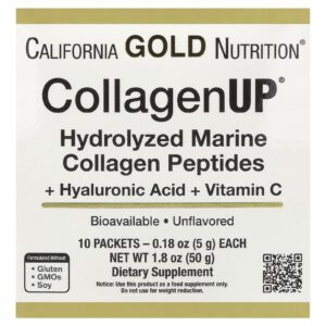 California Gold Nutrition CollagenUP® Peptídeos de Colágeno Marinho Hidrolisado com Ácido Hialurônico e Vitamina C Sem Sabor 10 Pacotes 5 g (018 oz) Cada