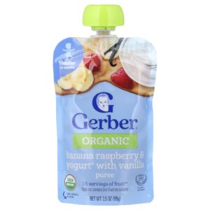 Gerber Purê Orgânico Mais de 12 Meses Banana com Framboesa e Iogurte com Baunilha 99 g (35 oz)