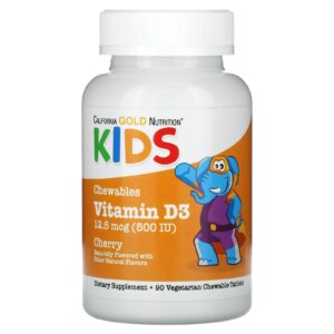 California Gold Nutrition Vitamina D3 Mastigável para Crianças Sabor Natural de Cereja 125 mcg (500 UI) 90 Comprimidos Vegetarianos