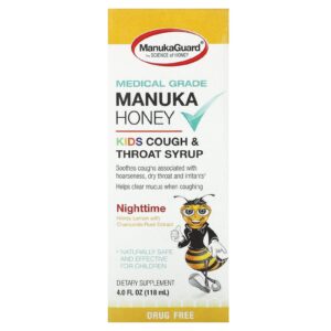 ManukaGuard Mel de Manuka Xarope para Crianças com Tosse e Garganta Noite Mel e Limão 118 ml (4 fl oz)
