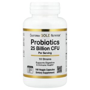 California Gold Nutrition Probióticos com Lactobacillus acidophilus Bifidobacterium lactis Lactobacillus plantarum and Lactobacillus casei Mistura de 10 Estirpes 25 Bilhões de UFCs 180 Cápsulas Vegetais