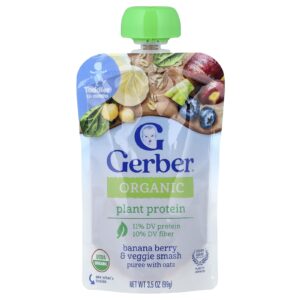 Gerber Purê de Proteína à Base de Plantas Orgânicas Mais de 12 Meses Banana e Frutos Silvestres e Smash Vegetal com Aveia 99 g (35 oz)