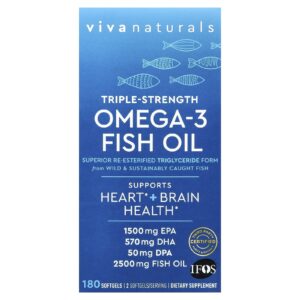 Viva Naturals Óleo de Peixe Ômega-3 Dosagem Tripla 2.500 mg 180 Cápsulas Softgel (1.250 mg por Cápsula Softgel)