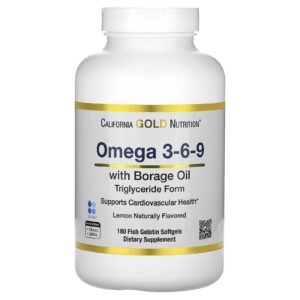 California Gold Nutrition Ômegas 3 6 e 9 com Óleo de Peixe Ômega-3 e Óleo da Semente de Borragem EPA DHA GLA e Ácido Linoleico Limão Natural 180 Cápsulas Softgel
