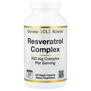 California Gold Nutrition Complexo de Resveratrol com Extrato da Semente de Uva Extrato de Vinho Tinto e trans-Resveratrol 250 Cápsulas Vegetais