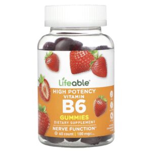 Lifeable Gomas de Vitamina B6 de Alta Potência Sabor Natural de Morango 60 Gomas (50 mg por Goma)