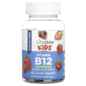 Lifeable Gomas de Vitamina B12 para Crianças Sem Açúcar Sabor Natural de Morango 60 Gomas (500 mcg por Goma)