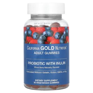 California Gold Nutrition Probiótico com Gomas de Inulina com Vitamina C Folato Mistura de Extrato de Frutos Silvestres e Inulina Orgânica Frutos Silvestres Mistos Naturais 90 Gomas Vegetarianas