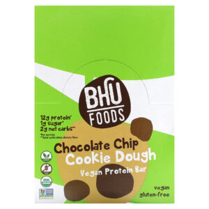 BHU Foods Barra de Proteína Vegana Massa de Cookie com Lascas de Chocolate 12 Barras 45 g (16 oz) Cada