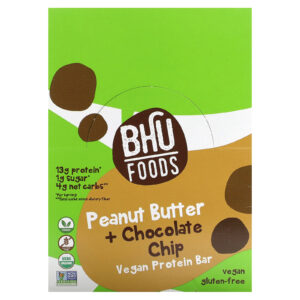 BHU Foods Barra de Proteína Vegana Manteiga de Amendoim + Lascas de Chocolate 12 Barras 45 g (16 oz) Cada