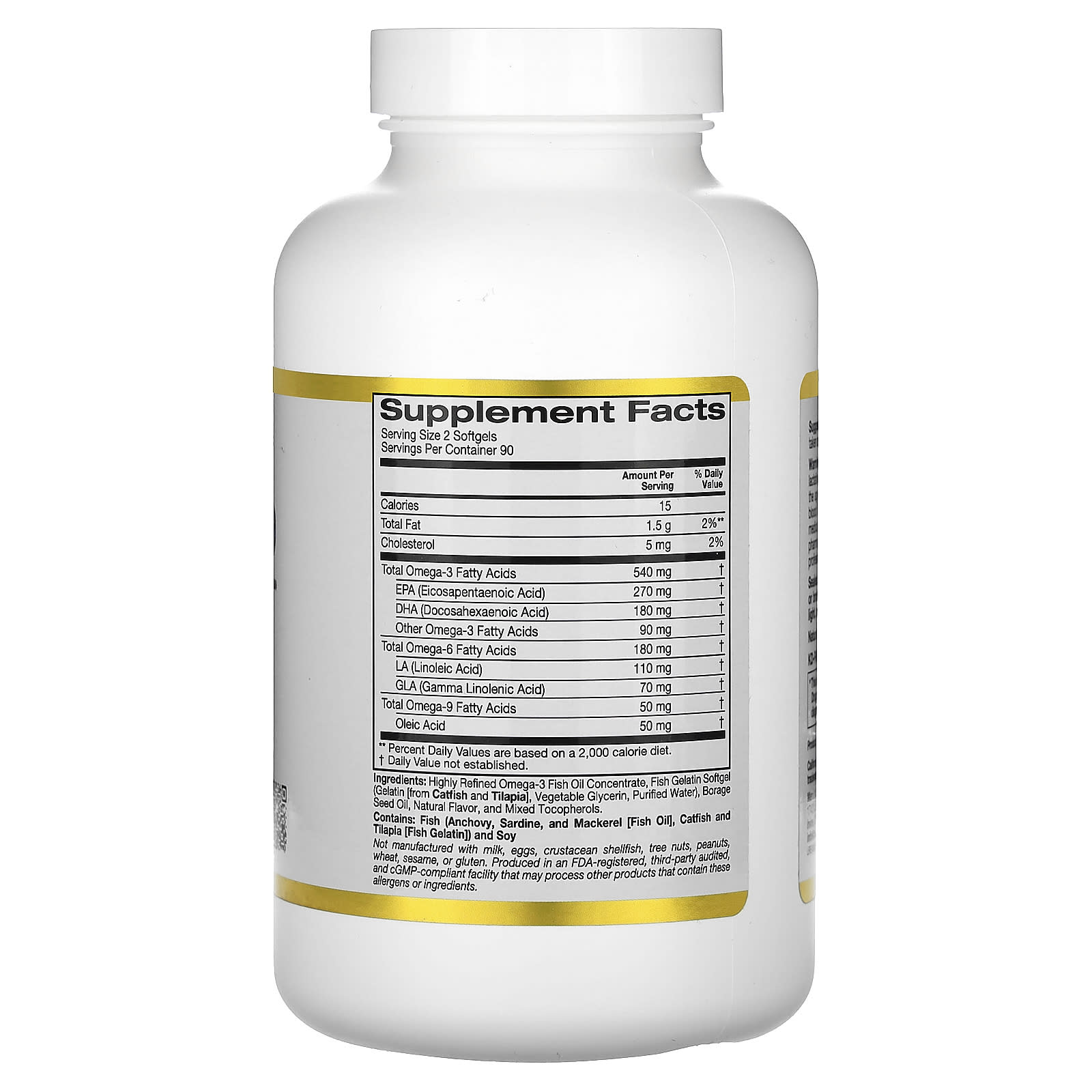 California Gold Nutrition Ômegas 3 6 e 9 com Óleo de Peixe Ômega-3 e Óleo da Semente de Borragem EPA DHA GLA e Ácido Linoleico Limão Natural 180 Cápsulas Softgel - Imagem 2