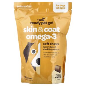 Ready Pet Go Omega Health Chews Suporte para Pele e Pelo de Cães Todas as Idades Óleo de Peixe + Queijo 90 Cápsulas Mastigáveis
