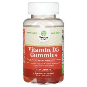 Natures Craft Gomas de Vitamina D3 Pêssego Manga Morango 60 Gomas (25 mcg (1.000 UI) por Goma)