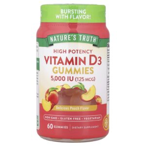 Natures Truth Gomas de Vitamina D3 Alta Potência Sabor Delicioso de Pêssego 125 mcg (5.000 UI) 60 Gomas