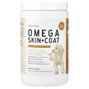 Chew + Heal Pele + Revestimento Ômega com Ácidos Graxos Essenciais Para Cães e Gatos 180 Soft Mascar 513 g (18 oz)