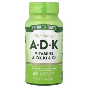 Natures Truth Vitaminas A D e K Alta Potência 60 Cápsulas Softgel de Liberação Rápida