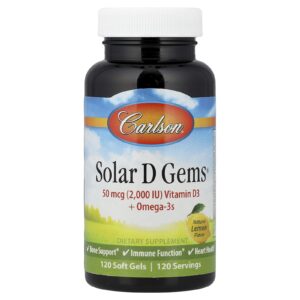 Carlson Solar D Gems® Vitamina D3 + Ômega-3 Sabor Natural de Limão 120 Cápsulas Softgel