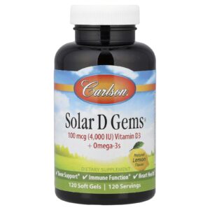 Carlson Solar D Gems® Vitamina D3 + Ômega-3 Sabor Natural de Limão 120 Cápsulas Softgel