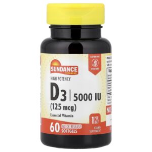 Sundance Vitamins Vitamina D3 Alta Potência 125 mcg (5.000 UI) 60 Cápsulas Softgel de Liberação Rápida