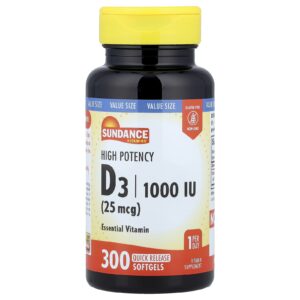 Sundance Vitamins Vitamina D3 de Alta Potência 25 mcg (1.000 UI) 300 Cápsulas Softgel de Liberação Rápida
