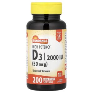 Sundance Vitamins D3 Alta Potência 50 mcg (2.000 UI) 200 Cápsulas Softgel de Liberação Rápida