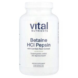 Vital Nutrients Cloridrato de Betaína e Pepsina com Extrato da Raiz de Genciana 225 Cápsulas