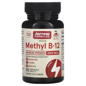 Jarrow Formulas Metil B-12 Vegano Potência Máxima Sabor Cereja 5.000 mcg 90 Comprimidos Mastigáveis