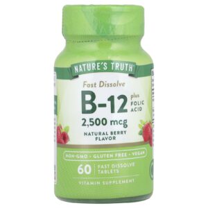Natures Truth Vitamina B-12 mais Ácido Fólico Fruto Silvestre Natural 2.500 mcg 60 Comprimidos de Dissolução Rápida