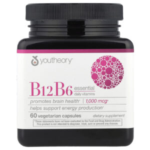 Youtheory B12 e B6 Vitaminas Essenciais Diárias 1.000 mcg 60 Cápsulas Vegetarianas