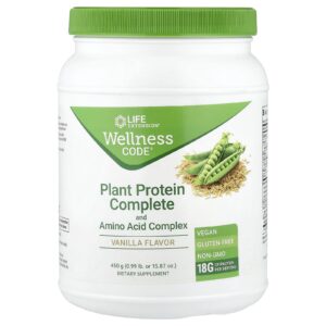 Life Extension Wellness Code® Complexo de Aminoácidos e Proteína Vegetal Completa Baunilha 450 g (099 lb)