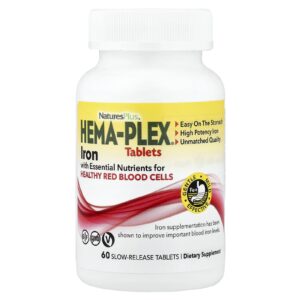 NaturesPlus Hema-Plex® Ferro com Nutrientes Essenciais para Glóbulos Vermelhos Saudáveis 60 Comprimidos de Liberação Lenta
