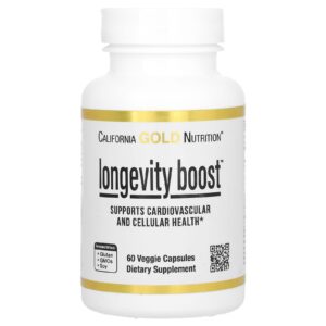 California Gold Nutrition Longevity Boost com trans-Resveratrol Extrato da Folha de Oliveira Mistura de Extrato de Uva e Triglicerídeos de Cadeia Média 60 Cápsulas Vegetais