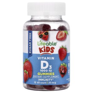 Lifeable Gomas de Vitamina D3 para Crianças Sem Açúcar Sabor Morango 25 mcg (1.000 UI) 60 Gomas