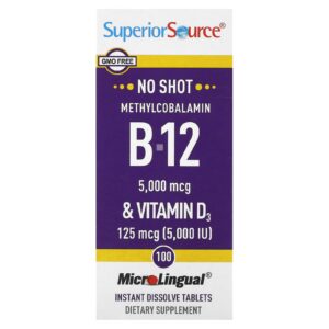 Superior Source Metilcobalamina B-12 e Vitamina D3 100 Comprimidos de MicroLingual Dissolução Instantânea
