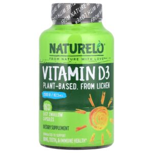 NATURELO Vitamina D3 À Base de Plantas de Líquen 625 mcg (2.500 UI) 180 Cápsulas Easy Swallow