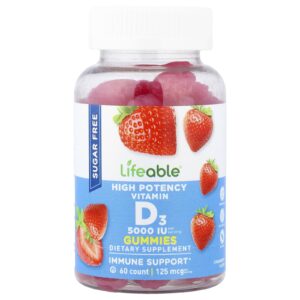 Lifeable Gomas de Vitamina D3 de Alta Potência Morango 125 mcg (5.000 UI) 60 Gomas
