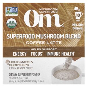 Om Mushrooms Mistura de Cogumelos com Superalimentos Latte de Café 10 Embalagens 8 g (028 oz) Cada