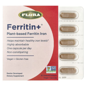 Flora Ferritin+® Ferritina Ferrosa à Base de Plantas 30 Cápsulas Veganas de Liberação Retardada (20 mg por Cápsula)