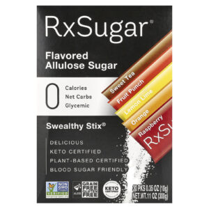 RxSugar Swealthy Stix Açúcar de Allulose Com Sabor Chá Doce Ponche de Frutas Limão Siciliano e Limão Taiti Laranja Framboesa 30 Pacotes 10 g (035 oz) Cada