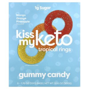 Kiss My Keto Doce de Goma Anéis Tropicais Manga e Abacaxi 6 Sacos 50 g (176 oz) Cada