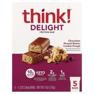 Think ! Barra de Proteína Delight Massa de Biscoito com Manteiga de Amendoim e Chocolate 5 Barras 34 g (12 oz) Cada