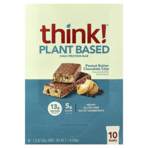 Think ! Barras de Proteína à Base de Plantas Manteiga de Amendoim e Lascas de Chocolate 10 Barras 50 g (176 oz) Cada