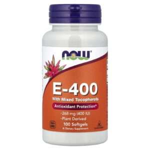 NOW Foods E-400 com Tocoferóis Mistos 268 mg (400 UI) 100 Cápsulas Softgel